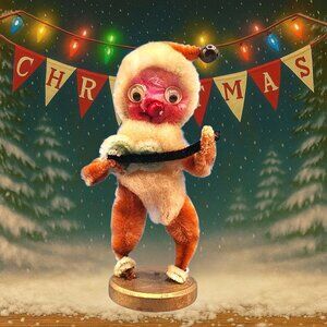 Vintage 1950s Shabby Chenille Santa Ornament Googly Eyes Red Nose Decor Japan